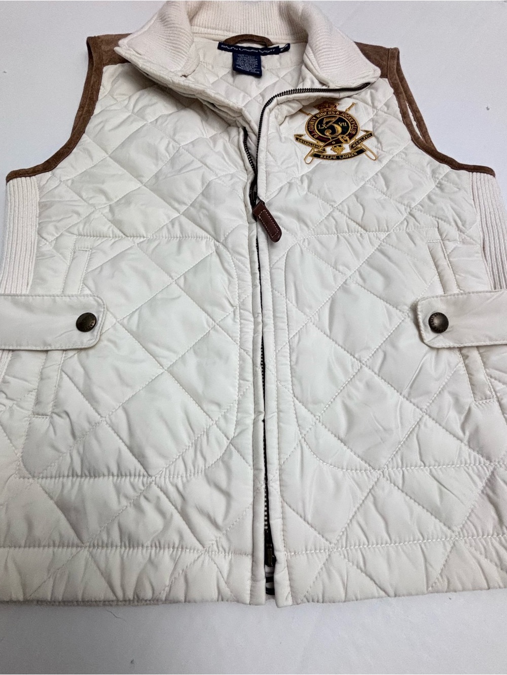 Polo by Ralph Lauren Sport Quilted Vest Suede Cream Equestrian Old Money Medium - Picture 6 of 13